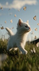 Fototapeta premium Playful White Kitten Chasing Butterflies in a Serene Meadow