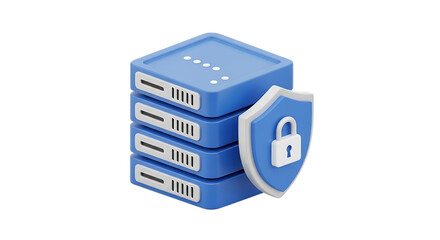 Data server security concept illustration with a stack of blue servers behind a security shield featuring a lock on a black background