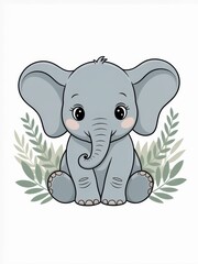 Naklejka premium Cute Baby Elephant Illustration with Green Leaves 
