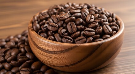 Fototapeta premium Aromatic Roasted Coffee Beans in Wooden Bowl Capturing Rich Flavors and Textures