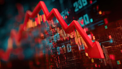 A downward-trending stock chart with a large red arrow