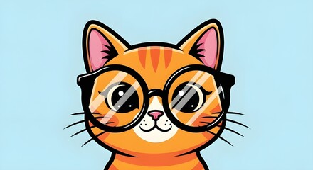 Fototapeta premium Cartoon orange cat wearing glasses against a blue background