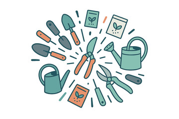 Gardening tools and supplies colorful vector illustration design