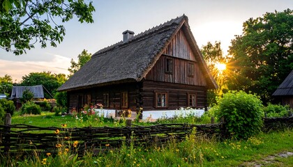 Fototapeta premium Wooden farmhouse with thatched roof at sunset.