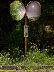 夜道のカーブミラー