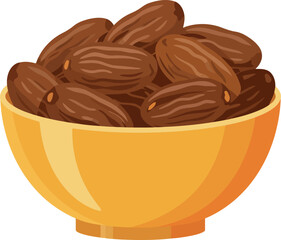 A bright yellow bowl filled with a generous serving of delicious ripe and healthy dried dates isolated on a white background