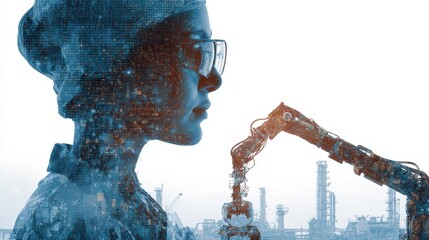 Industrial Worker with Robotic Arm and Digital Overlay Concept