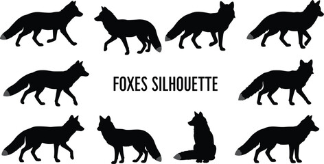 Fox silhouette vector set, wild animal clipart collection, walking and sitting foxes, black shadow shapes, isolated on white background