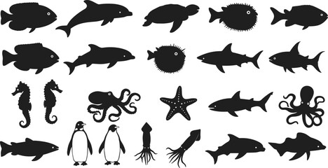 Sea animal silhouette clipart, marine wildlife vector set, ocean creatures icons, underwater animals, dolphin fish octopus starfish squid