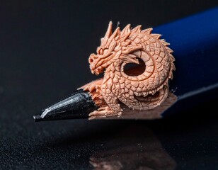 Obraz premium Miniature Dragon Carving: A breathtaking macro shot reveals a stunning, intricately carved dragon adorning the tip of a pencil. The precise detail of the miniature sculpture.