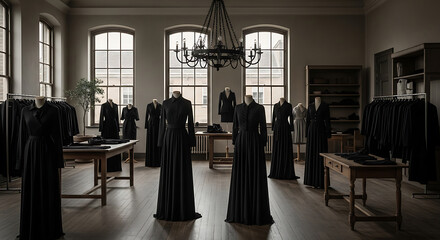 Elegant boutique showcasing a collection of long black dresses, presented in a spacious setting