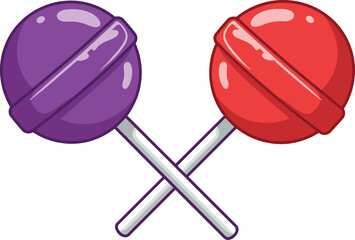 Two colorful round lollipops one purple and one red crossed over each other on white sticks against a white background