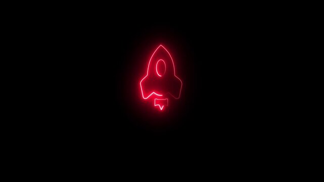 Neon  rocket fly animation. Glowing neon rocket icon, looped flight animation. Spacecraft flight, space technology, rocket icon.