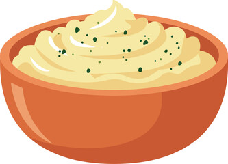 A delicious bowl of creamy mashed potatoes seasoned with cracked black pepper presented in a rustic orange ceramic dish
