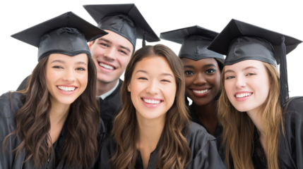 Five diverse graduates celebrate their achievement in caps and gowns, radiating joy and accomplishment.