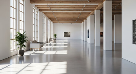 Spacious gallery hall with natural light showcasing modern art installations and interior design