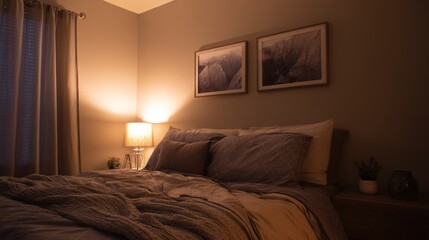 A cozy bedroom with a bed, two pictures on the wall, and a lamp on the nightstand illuminating the scene