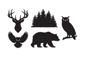 Forest wildlife silhouettes featuring deer owl bear and trees
