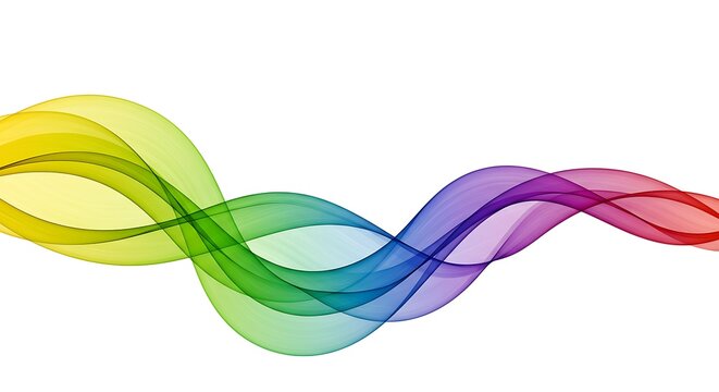 An abstract digital rendering of a ribbon-like form with a spectrum of colors flowing in a horizontal wave