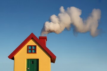 Whimsical yellow house with red roof emitting smoke shaped like a cloud
