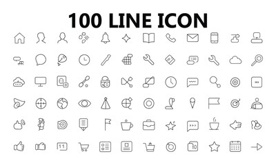 100 minimalist line icons set in black, featuring UI, business, social, navigation, office, and technology symbols, pixel perfect