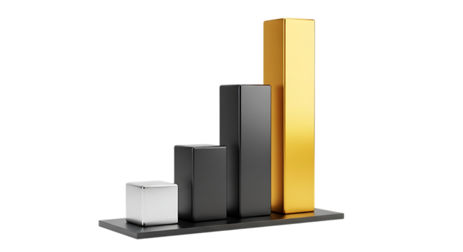 Rising Bar Graph with Silver Gray and Gold Columns Depicting Growth and Success on Black Background