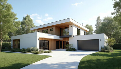 Contemporary luxury villa with flat roof and wood facade 

