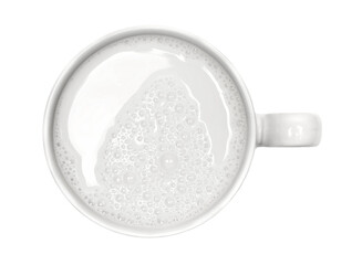 Fresh milk in porcelain cup with bubbles isolated on white, top view, clipping path	