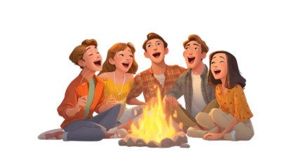 A diverse group of five friends gather around a vibrant campfire, sharing laughter and joy under the night sky.
