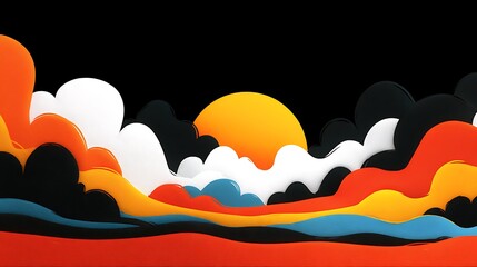 A striking sunset scene with bold, colorful clouds and a radiant sun set against a dark backdropvector illustration of an abstract landscape