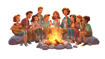 Group of friends joyfully singing around a campfire, radiating warmth and togetherness.