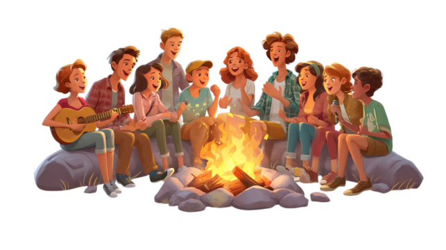 Group of friends joyfully singing around a campfire, radiating warmth and togetherness.