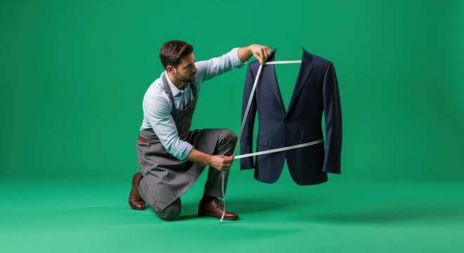 Talented tailor meticulously measuring a stylish suit jacket for bespoke tailoring on vibrant green backdrop