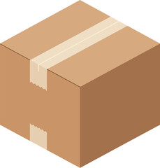 A simple isometric illustration of a closed cardboard shipping box sealed with clear tape on a white background