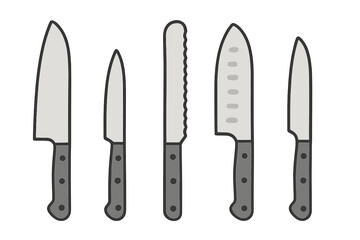 Various kitchen knives arranged in a vector illustration format