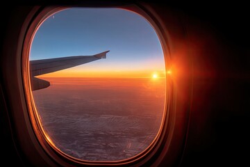 Fototapeta premium Airplane window view of sunrise over landscape