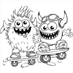 Cartoon Monster Friends Skateboarding Adventure Cheerful Line Art Illustration Featuring Unique and Playful Creatures Enjoying an Active Day Out Together