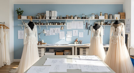 Elegant bridal atelier showcases bespoke wedding gowns and design sketches in a serene studio