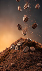 Roasted coffee beans falling onto a pile of coffee grounds