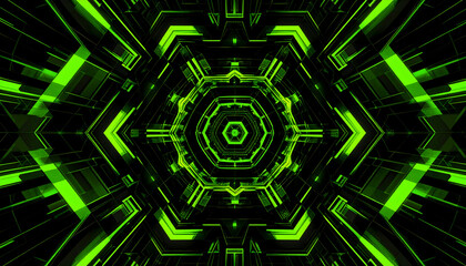 Abstract Digital Tunnel of Green Geometric Shapes and Lines on Black Background
