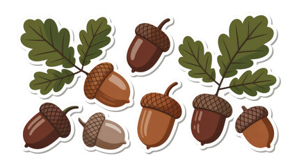 Collection of Cute Cartoon Acorn Stickers with Oak Leaves - Autumnal Design Elements