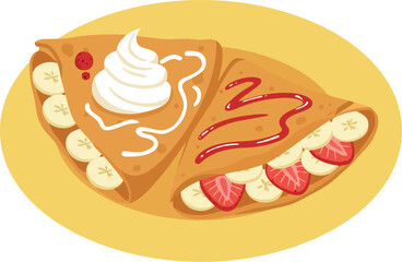 Delicious sweet crepes filled with fresh bananas strawberries and whipped cream served on a yellow plate