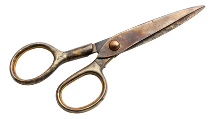 Old and rusty vintage metal scissors tool isolated on transparent background for cutting and crafting purposes