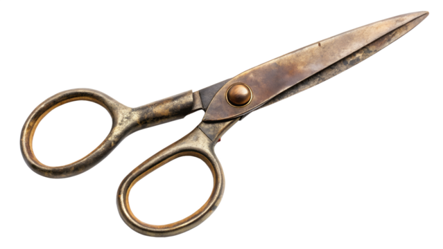 Old and rusty vintage metal scissors tool isolated on transparent background for cutting and crafting purposes