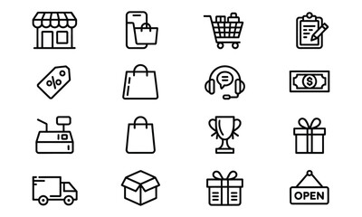 Set of 15 black and white retail and shopping icons including storefront, cart, bag, gift, delivery, and payment symbols