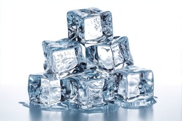 Stack of clear ice cubes isolated on white background