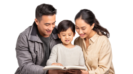 Happy Asian family reading a book together, enjoying quality time and bonding in a warm, joyful atmosphere.