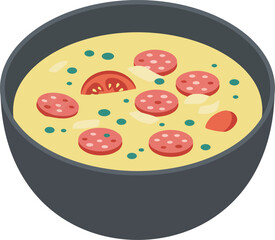A delicious bowl of creamy yellow soup topped with sliced pepperoni and red tomatoes a comforting and flavorful meal