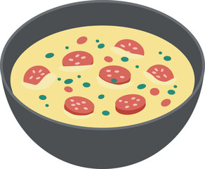 A delicious bowl of creamy soup topped with sliced pepperoni and fresh green herbs a comforting and flavorful meal