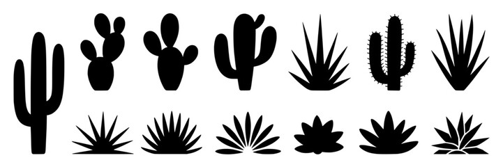 Obraz premium Set of 16 Desert Plant Silhouettes: Cacti and Succulents in Black on White